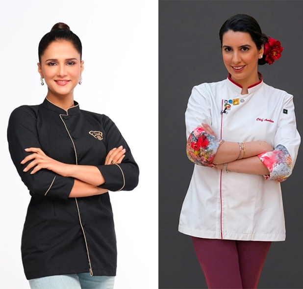 two female chefs showcasing their culinary skills and unique styles one in a black chef coat and the other in a white chef jacket with floral sleeves both embodying excellence in cooking arts showcasing flavors of seven culinary trends