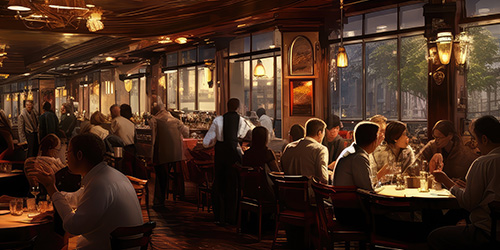 lively restaurant scene with diners and staff enjoying a cozy ambiance featuring elegant decor and greenery around large windows showcasing 8 evenings of dining experience